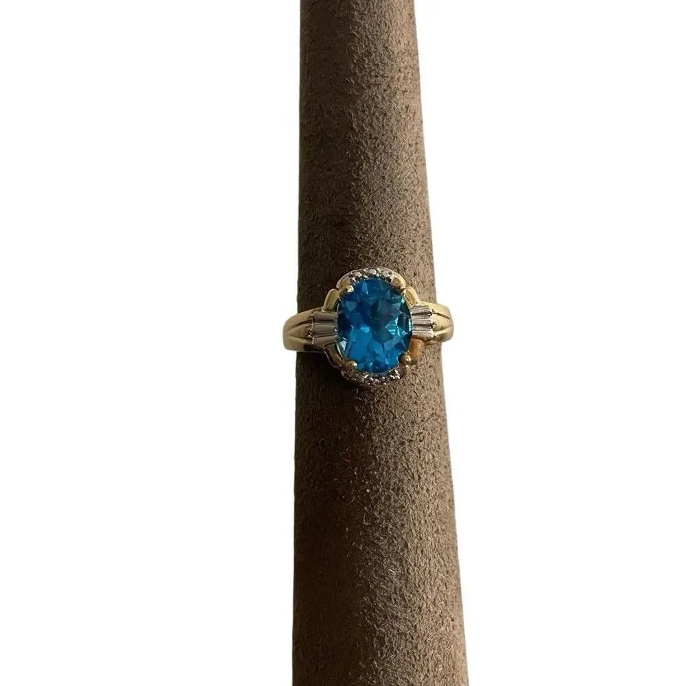 Vintage 10K Yellow Gold  3 C‎ Oval Blue Topaz & Diamond Art Deco Ring  Size 7.5